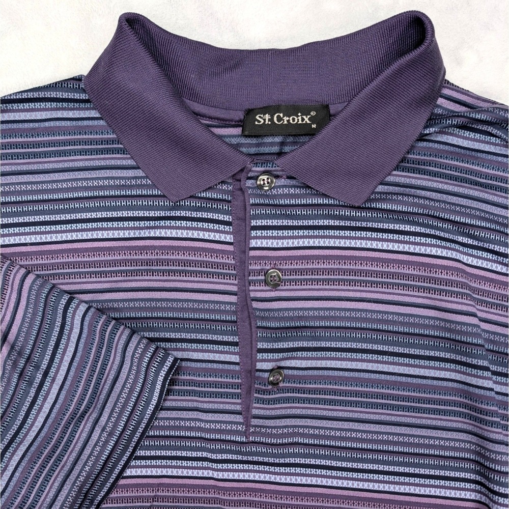 St. Croix Mens Medium Purple Striped Knit Polo Shirt Made in Italy‎ 100% Cotton